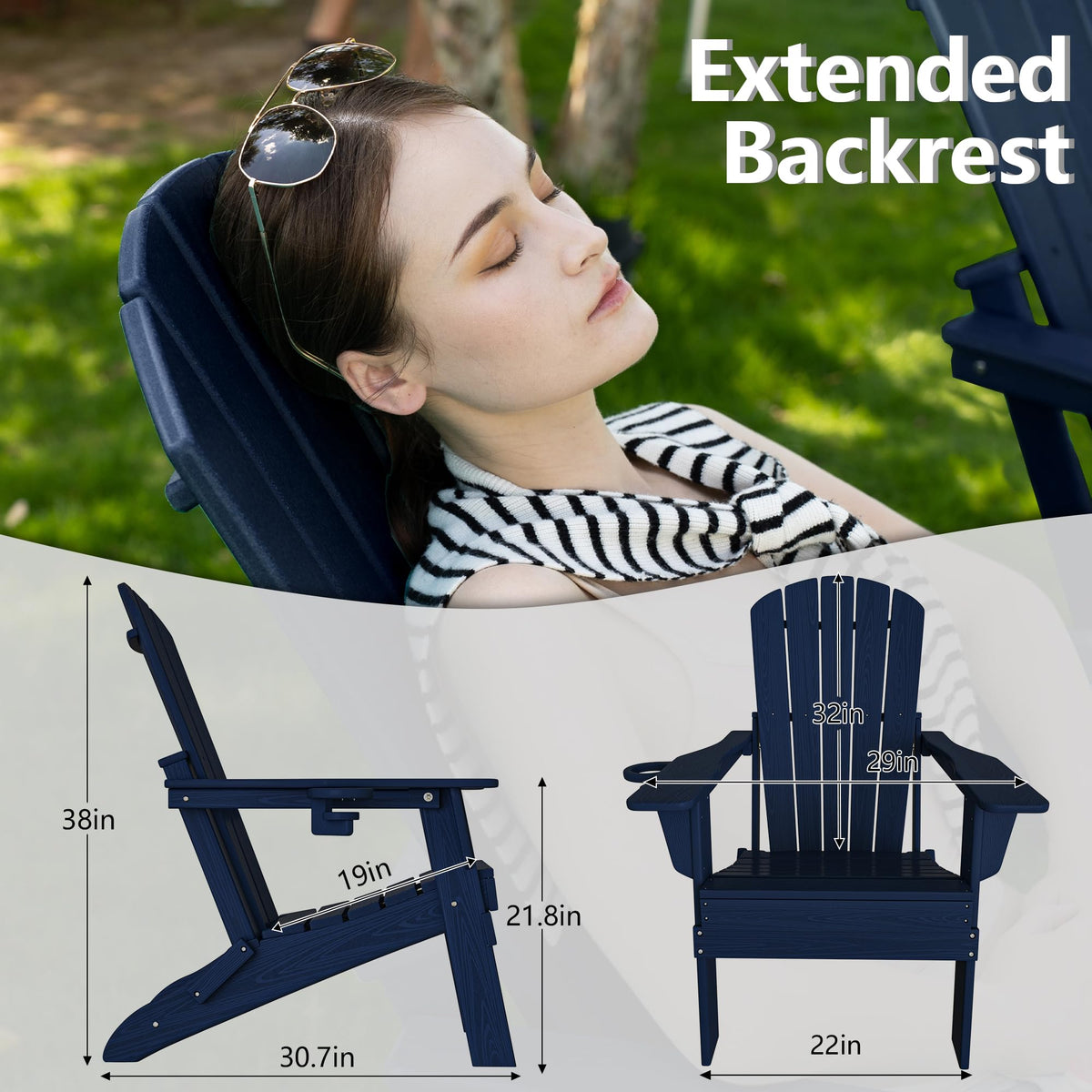Plawdlik folding Adirondack chair navy blue wood-texture finish enhances patio aesthetic.