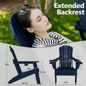 Plawdlik folding Adirondack chair navy blue wood-texture finish enhances patio aesthetic.