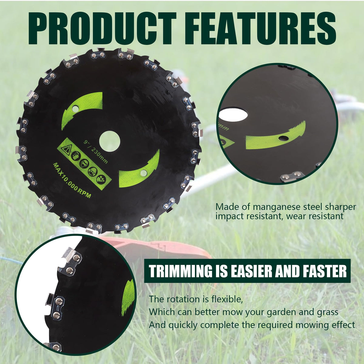 PLAXNS brush cutter blade cutting through dense weeds with precision