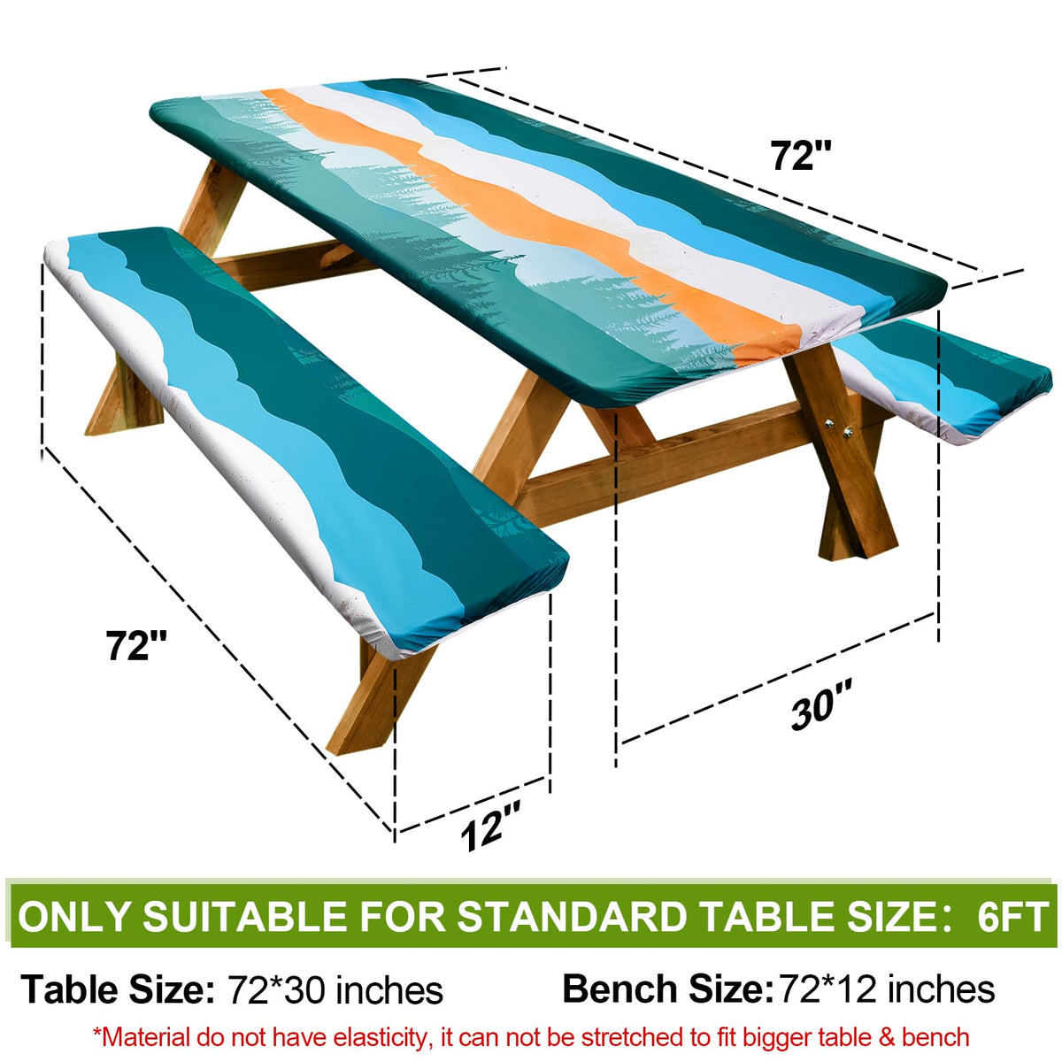 Play Tailor bench covers 72in with elastic edges prevent movement during windy picnics.