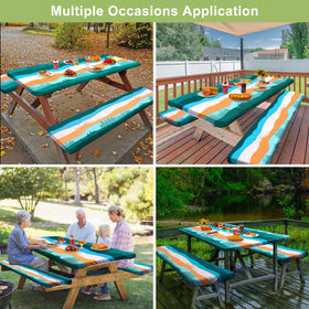 Play Tailor outdoor table set in orange and blue enhances dining setup.
