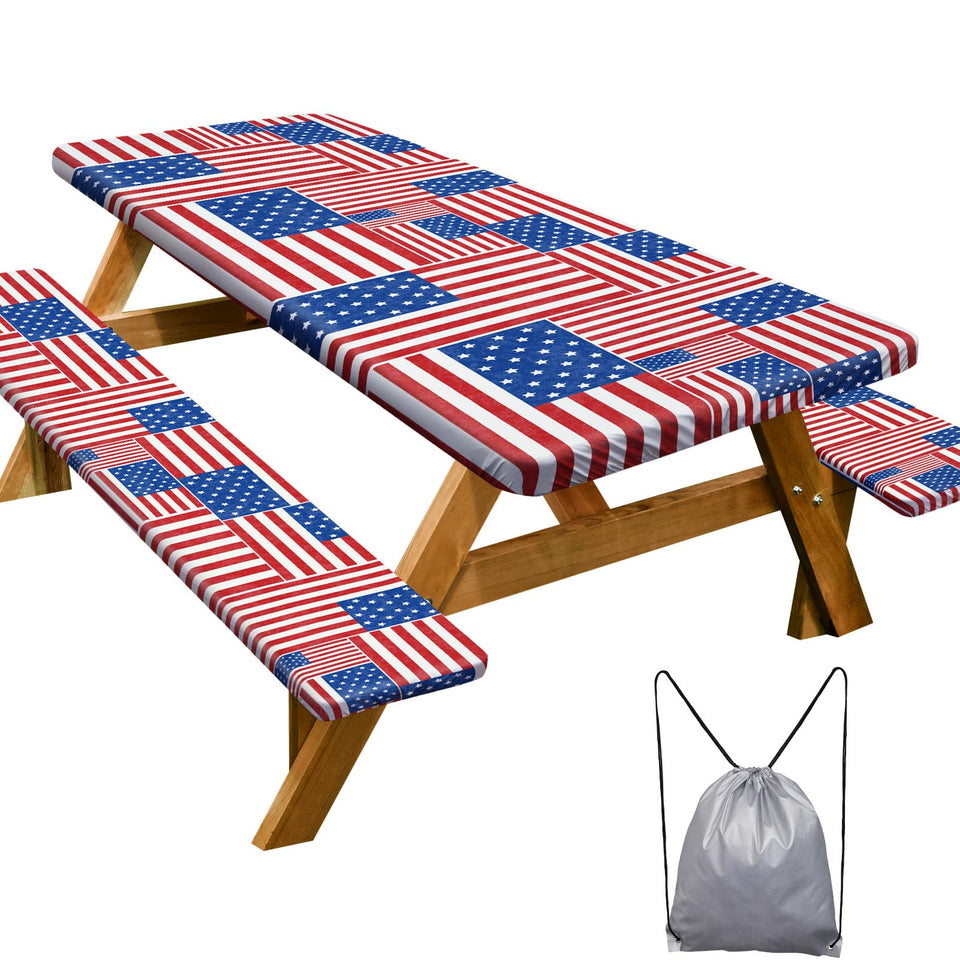 Play Tailor picnic table cover over 8ft table provides spill protection outdoors.