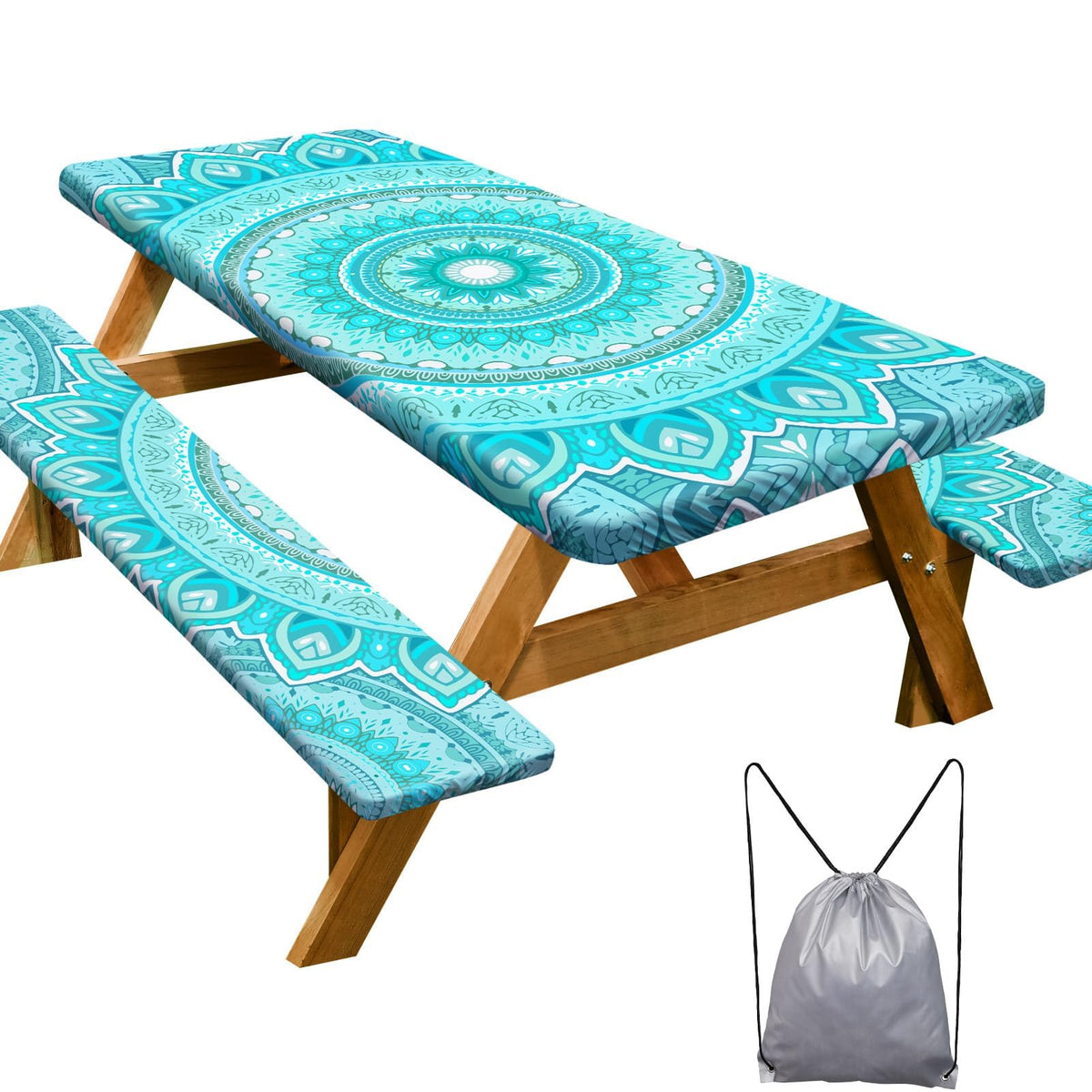 Play Tailor picnic table cover in ice blue protects 72in tables during outdoor meals.