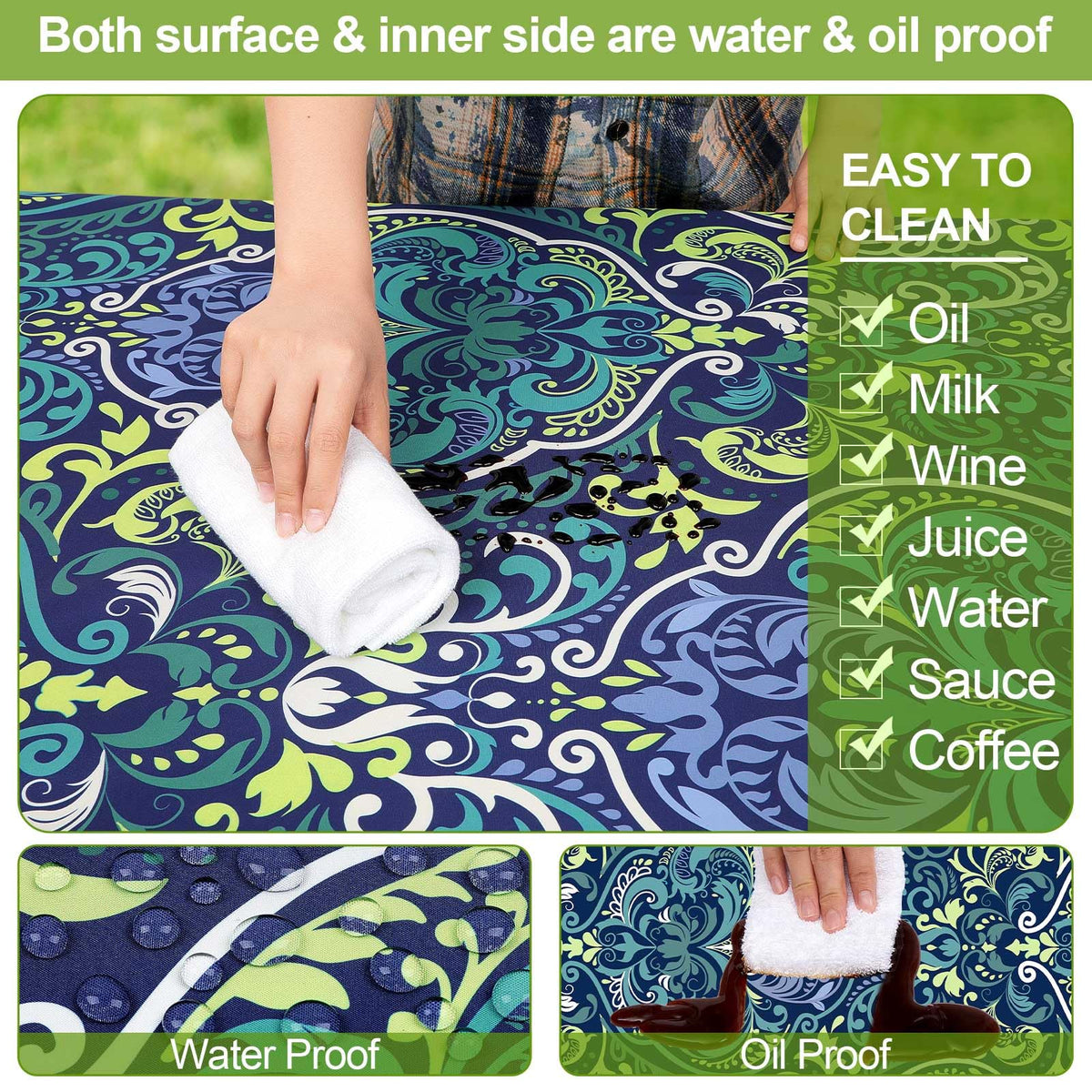 Play Tailor waterproof-fabric closeup shows durable inner film for liquid resistance.