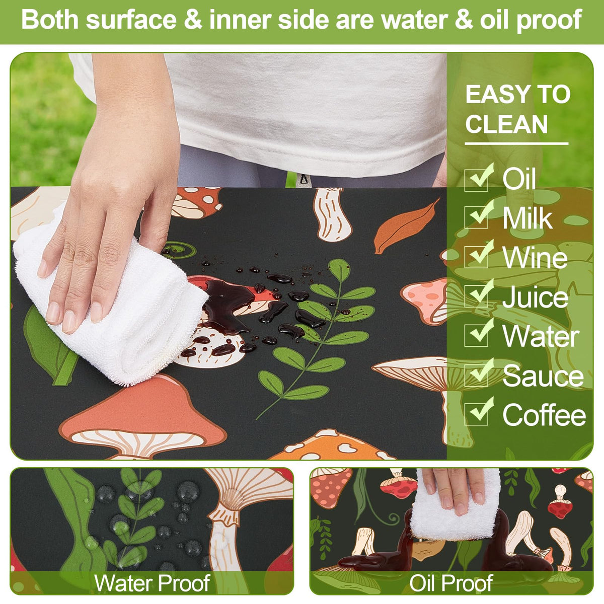 Play Tailor waterproof fabric close-up shows durable, stain-resistant material.