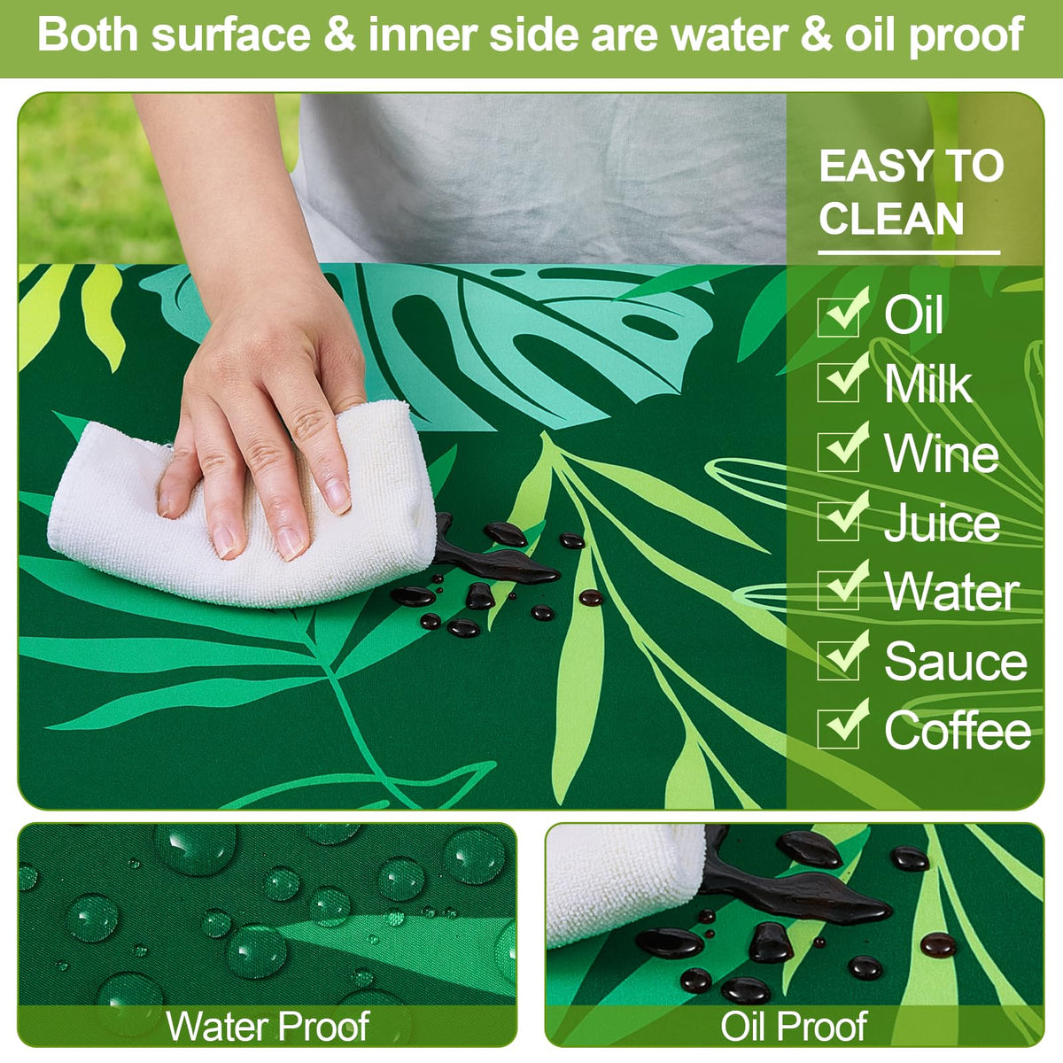 Play Tailor waterproof inner film close-up on table cover for spill resistance.