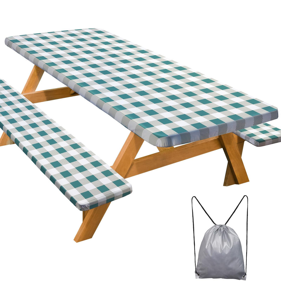 Play Tailor picnic table cover on a 96-inch table, white-green checkered, for outdoor dining.