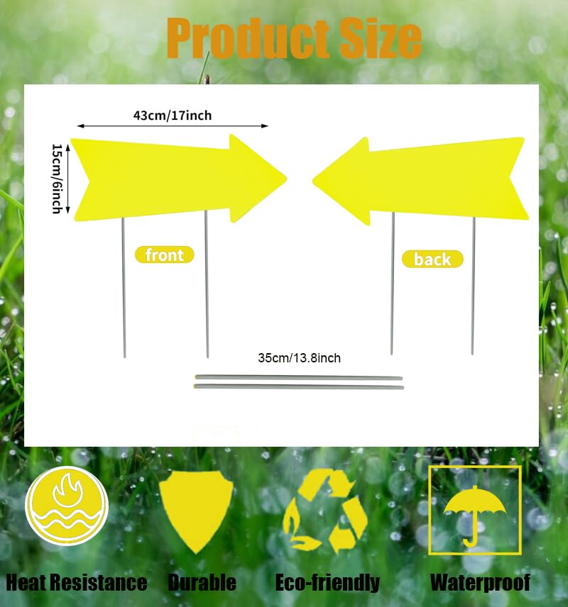 Plceucsrs yellow arrow sign with stake, side view demonstrates durability