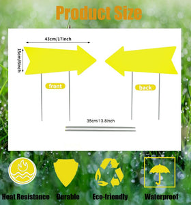 Plceucsrs yellow arrow sign with stake, side view demonstrates durability