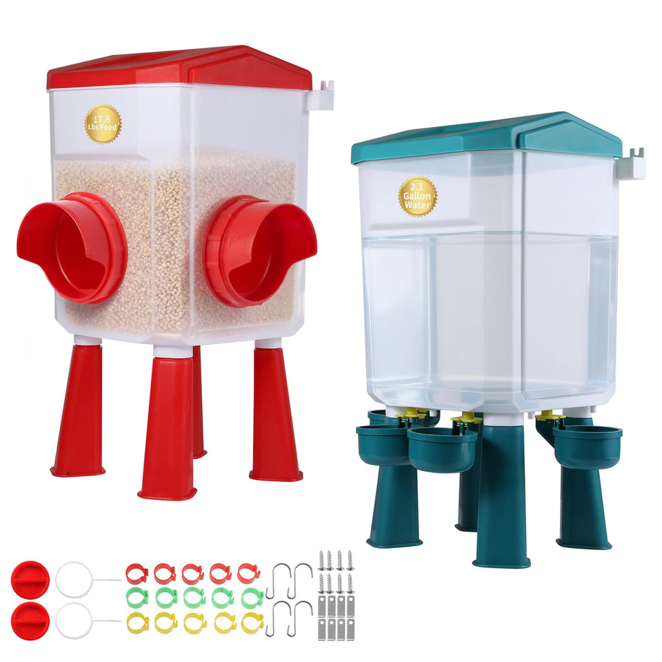 PlentiVive feeder-waterer set assembled for coop use and accessibility.