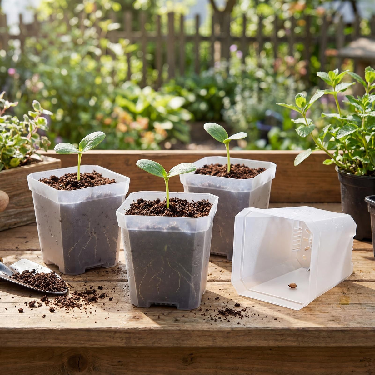 Plgardpo clear square nursery pot ideal for succulents, herbs, and microgreens.