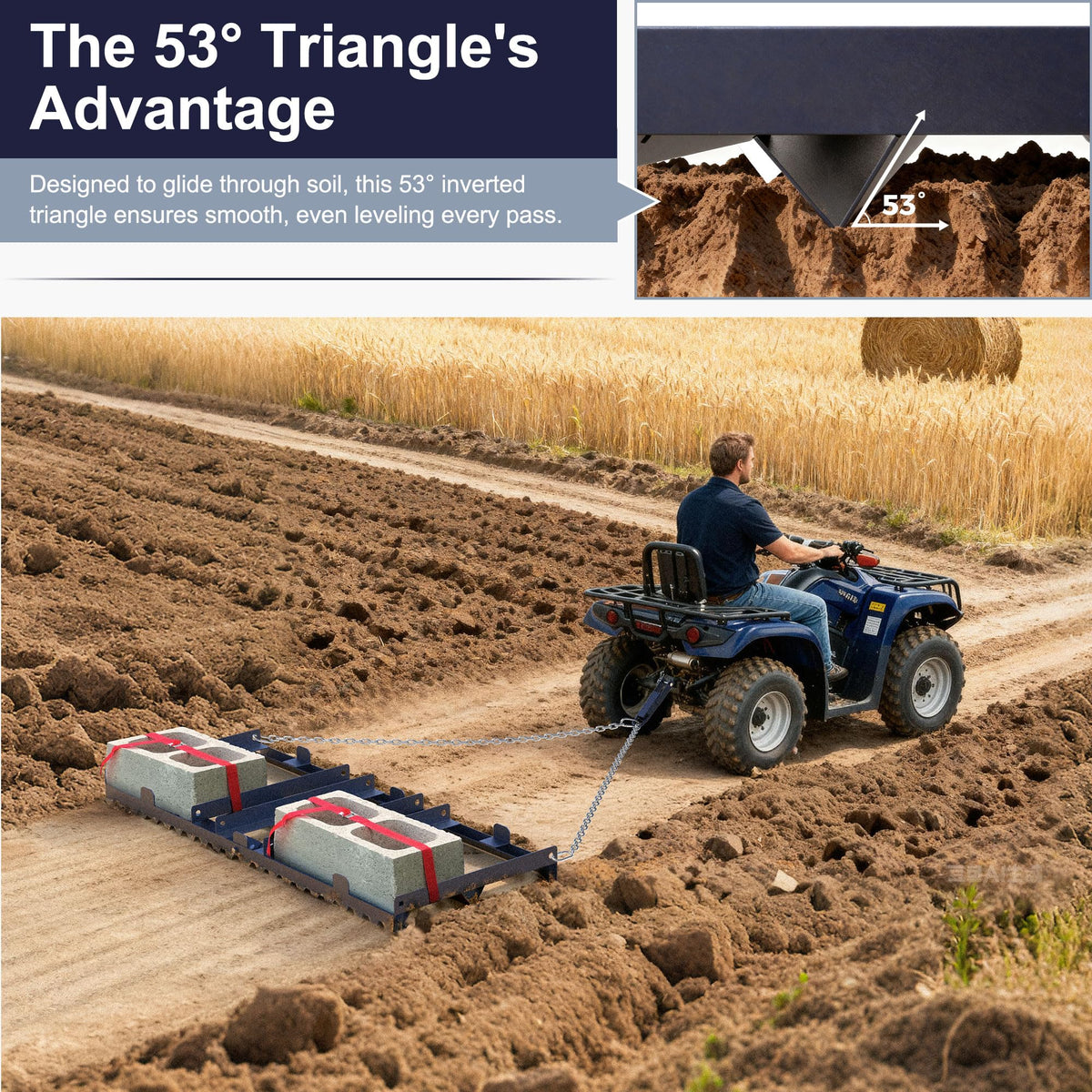 Downward-beam design promotes consistent leveling across soil and gravel