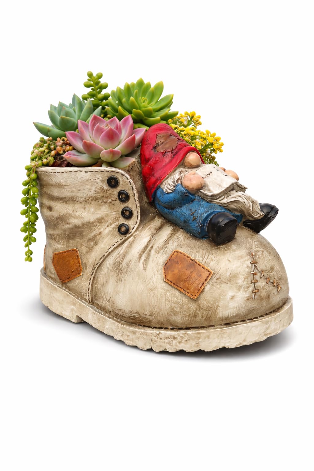 PlotX Cute Gnome Planter lounging on rustic base adds desk charm.