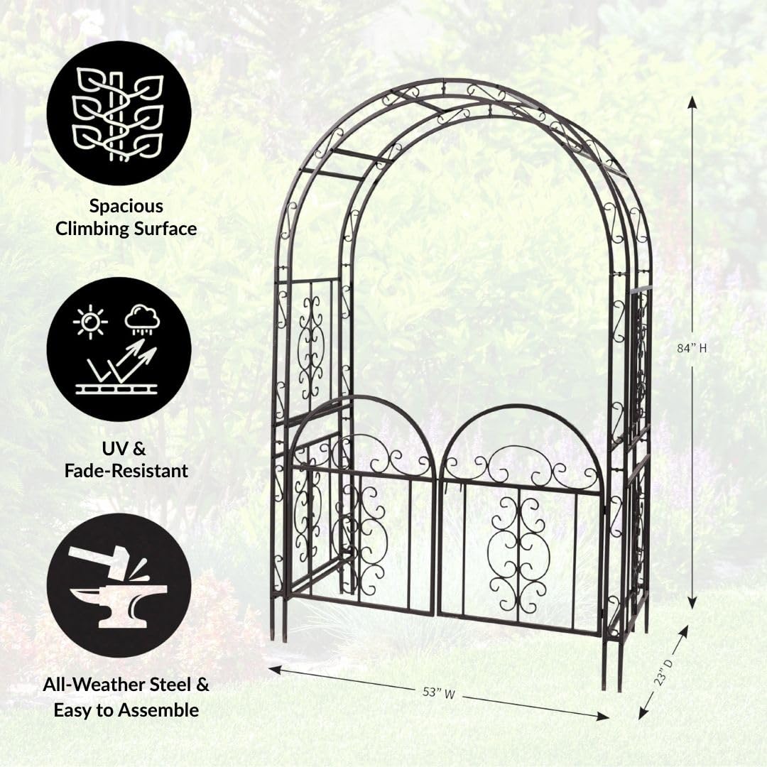 Plow & Hearth arch with gunmetal black finish highlighting durability.