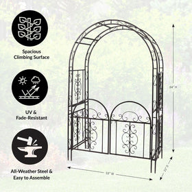 Plow & Hearth arch with gunmetal black finish highlighting durability.
