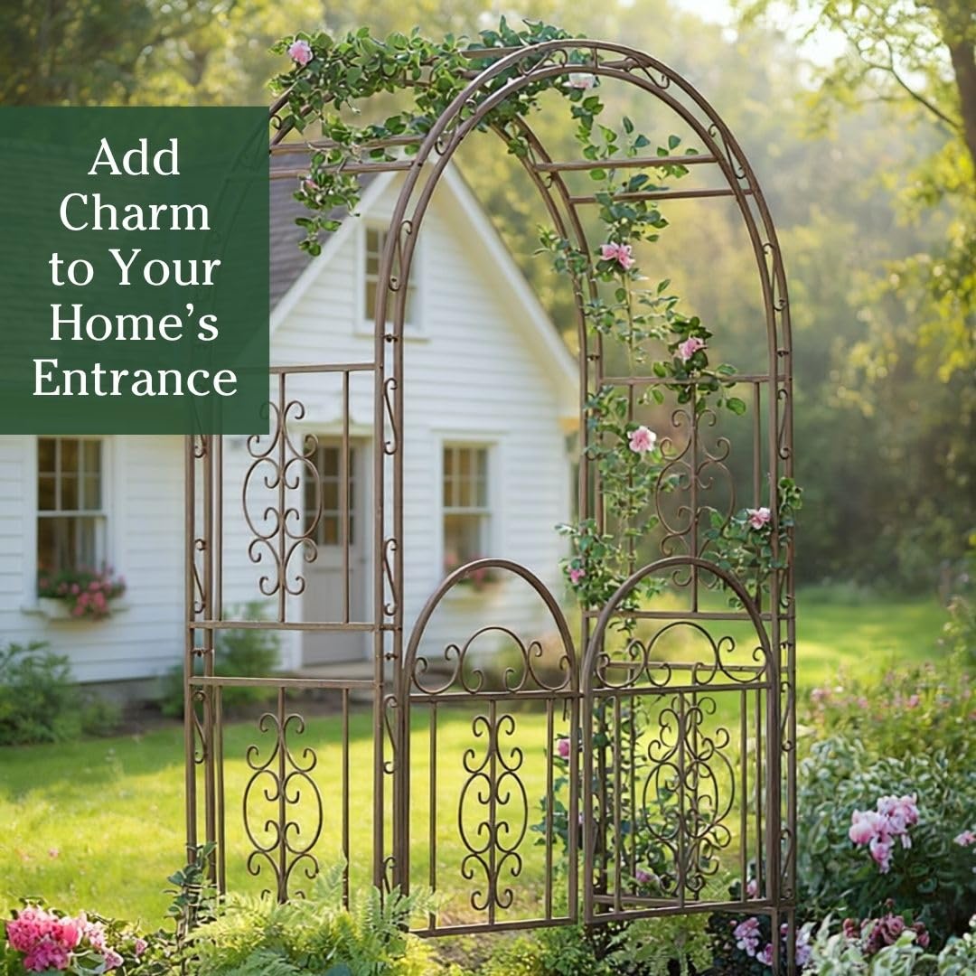 Plow & Hearth weatherproof metal arch suitable for year-round outdoor use.
