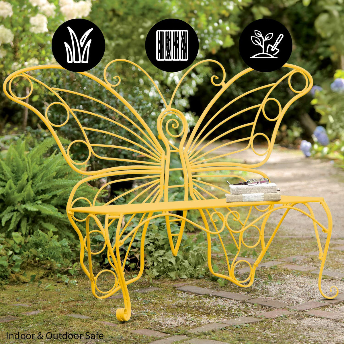 Plow & Hearth butterfly bench close-up sturdy tubular steel frame.