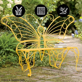 Plow & Hearth butterfly bench close-up sturdy tubular steel frame.