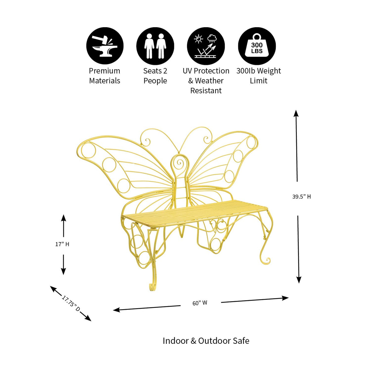 Plow & Hearth butterfly bench in garden setting rust-resistant finish.