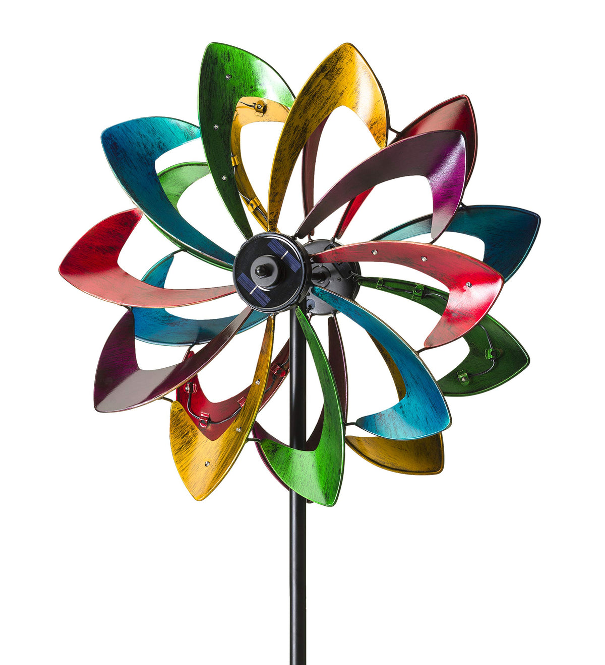 Plow & Hearth solar panel-centered flower spinner lights at night.