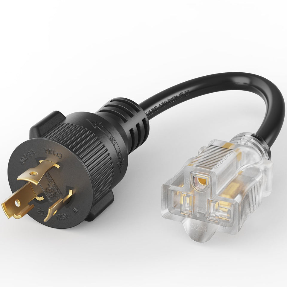PLUGTUL NEMA L5-20P to 5-15/20R adapter in close-up, showing secure twist-lock.