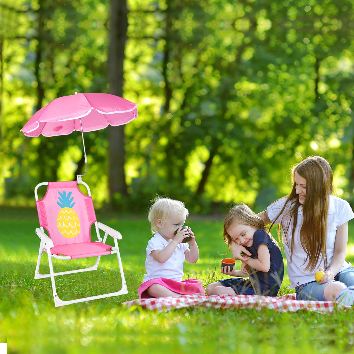PLULON kid chair with umbrella provides sun shade during outdoor activities