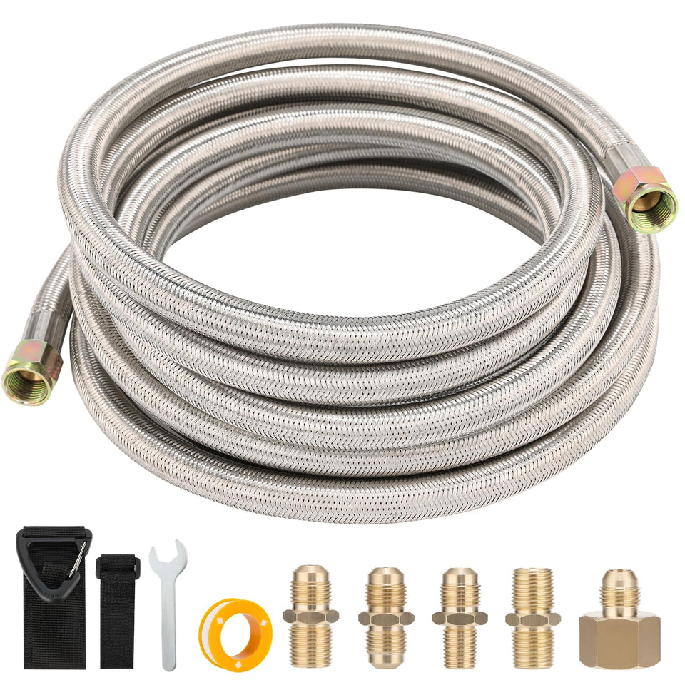PLUMBINGMASTER 12ft braided propane hose for flexible outdoor grill connections.