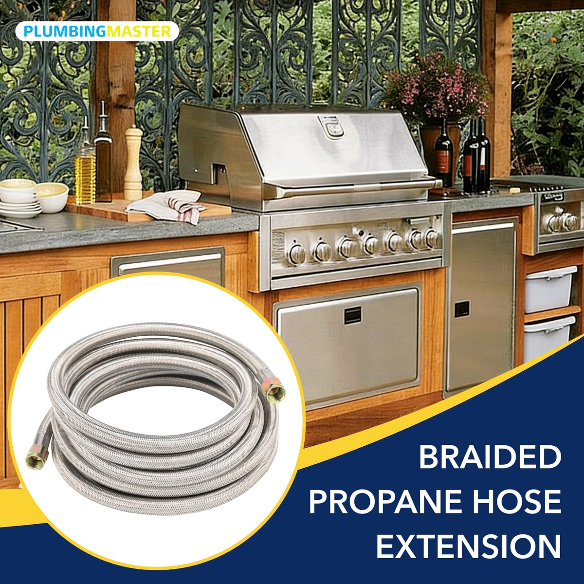 PLUMBINGMASTER outdoor grill and fire pit setup using the propane hose kit.