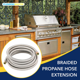PLUMBINGMASTER outdoor grill and fire pit setup using the propane hose kit.