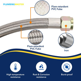 PLUMBINGMASTER stainless steel braided hose offers durable high-pressure extension.