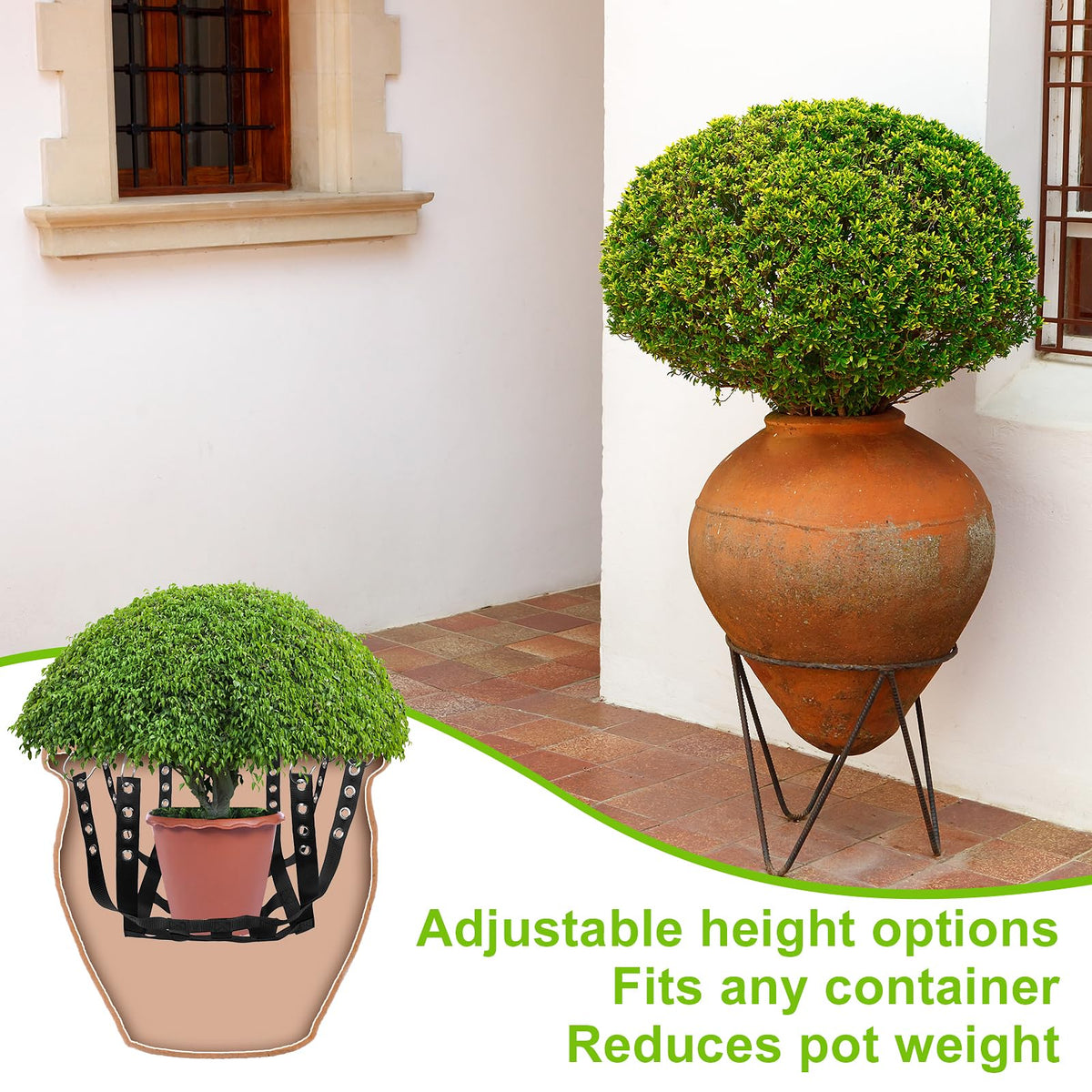 Plus tard planter insert packaging contents include hooks and rope for ready use.