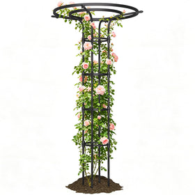 Plus Yard mushroom-top trellis supports tall vines for vertical growth.