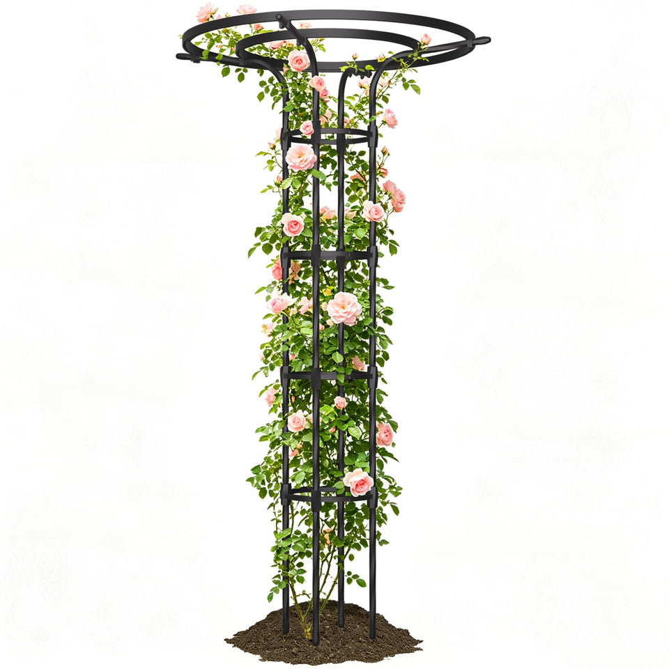 Plus Yard mushroom-top trellis supports tall vines for vertical growth.