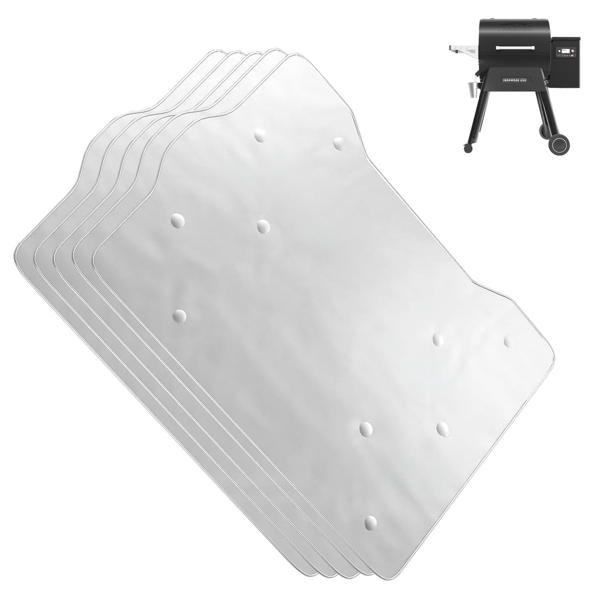 PLUSBROIL BAC506 drip tray liners fitted on Traeger Ironwood 650 for clean, precise grilling.