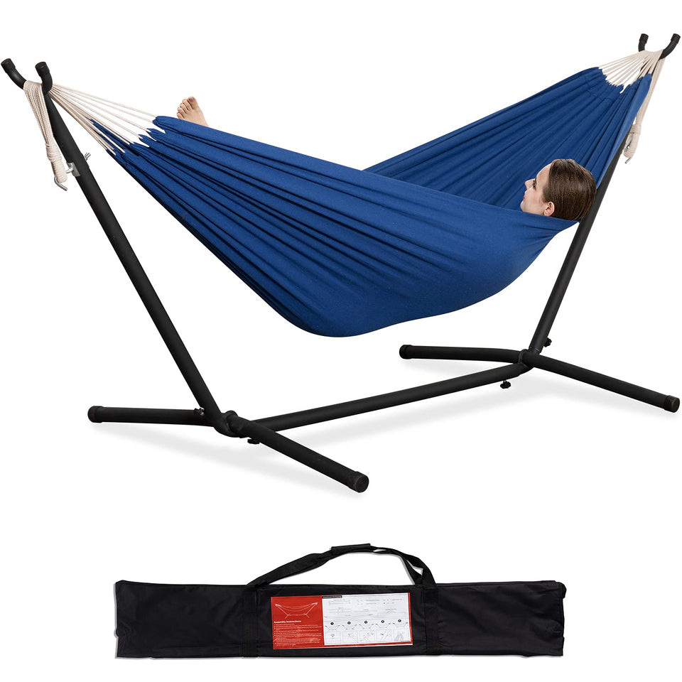PNAEUT double hammock with navy stand, easy-assembly setup for backyard lounging.