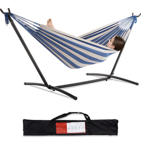 PNAEUT double hammock on outdoor stand in sky color for relaxed lounging.