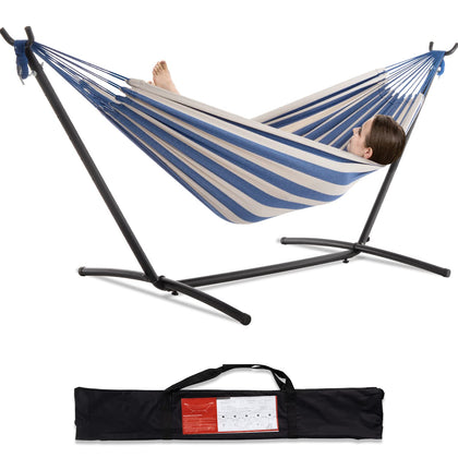 PNAEUT double hammock on outdoor stand in sky color for relaxed lounging.
