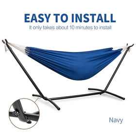 PNAEUT navy hammock on a patio invites casual relaxation.