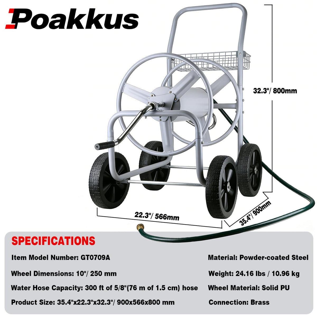Poakkus hose reel cart 10-inch wheels enable smooth movement on grass.