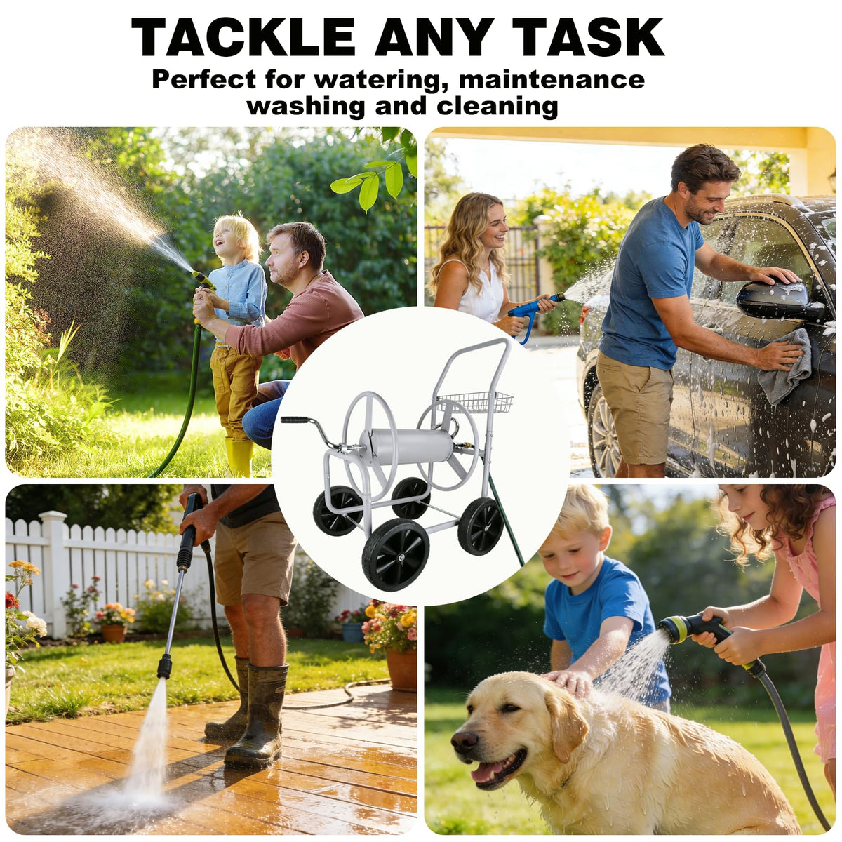 Poakkus hose reel cart easy-winding handle reduces tangles after watering.