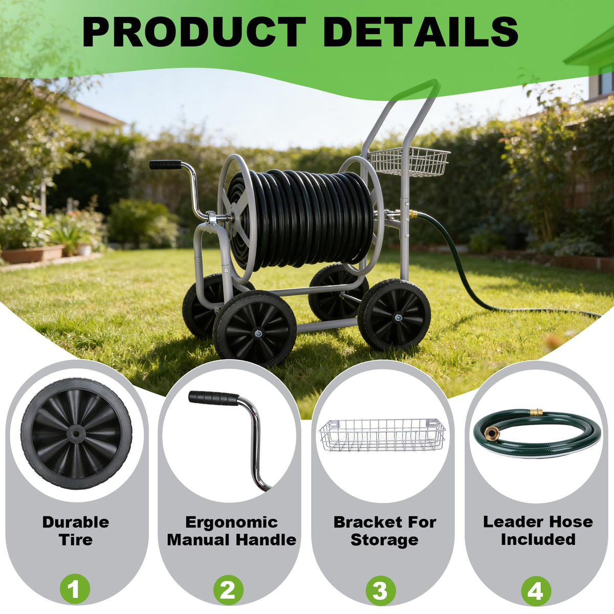 Poakkus hose reel cart heavy-duty frame ensures durability in sun and rain.