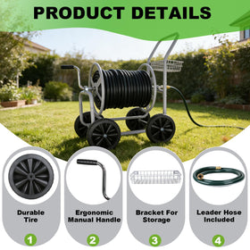 Poakkus hose reel cart heavy-duty frame ensures durability in sun and rain.