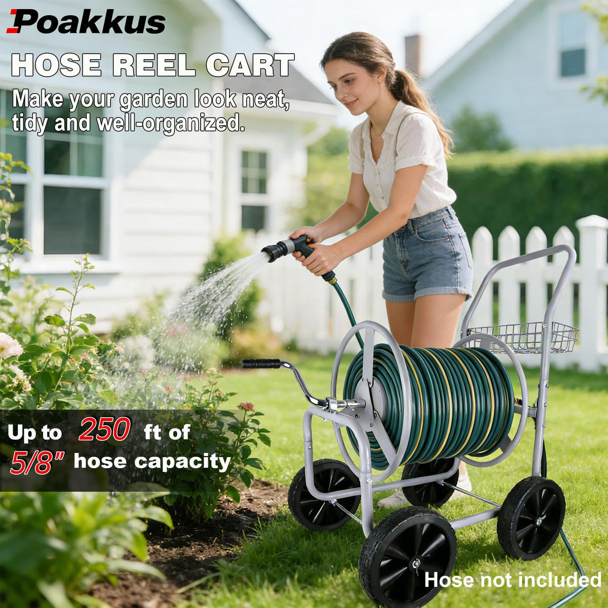 Poakkus hose reel cart ideal for outdoor cleaning and garden tasks.