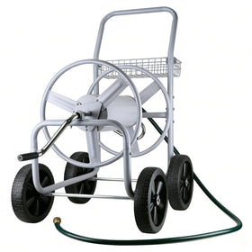 Poakkus hose reel cart side view, showcasing portable 250 ft capacity for expansive lawns.
