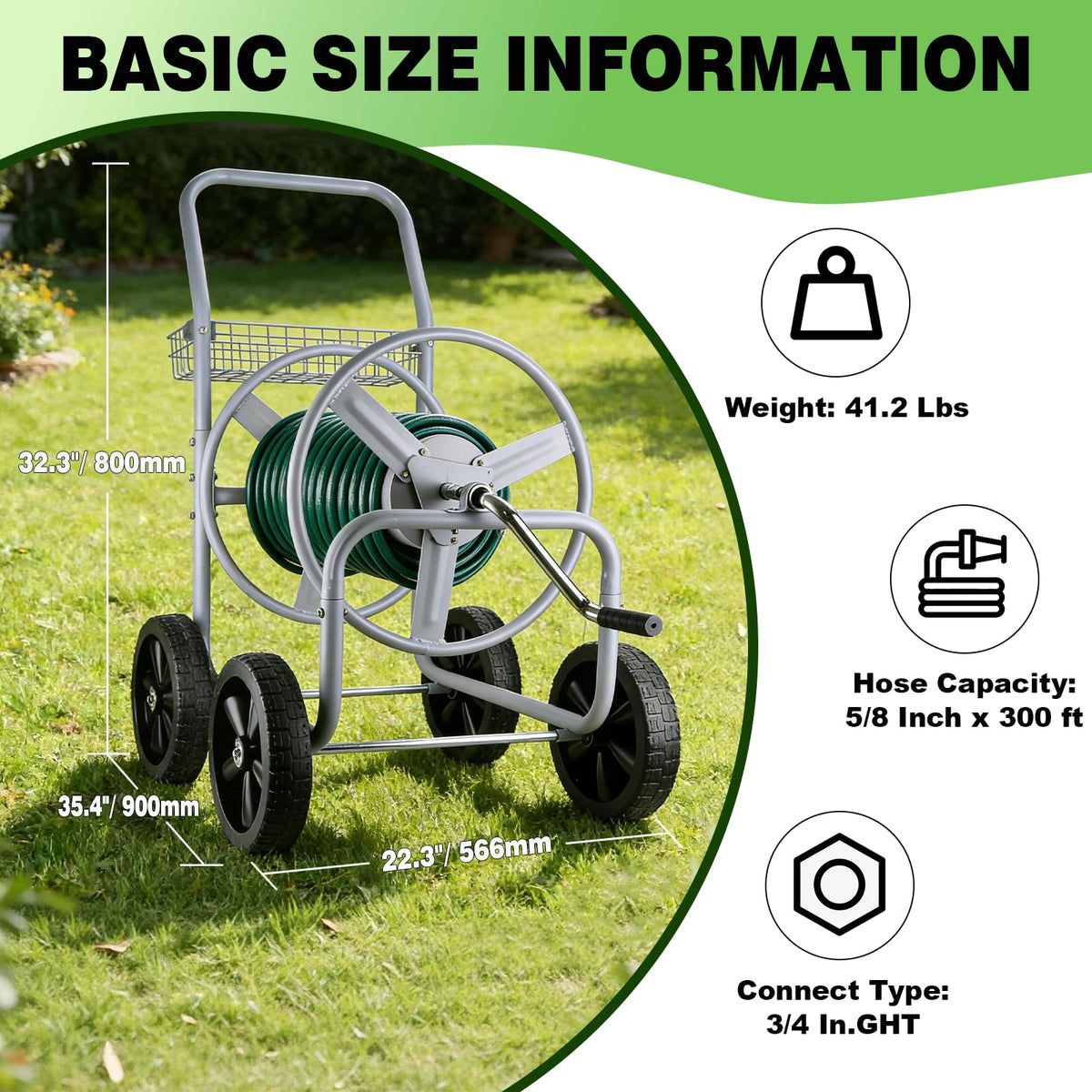 Poakkus hose reel cart top view highlighting easy access and compact storage.