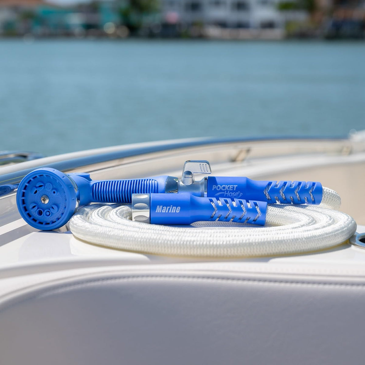 Pocket Hose Marine expands to 50 feet for easy boat washing.