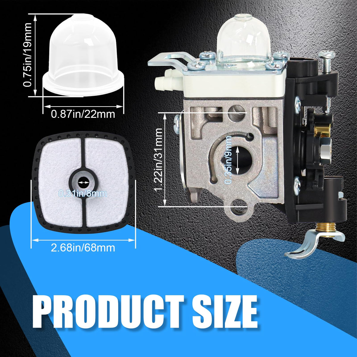 Podoy PB250 primer bulb enables quick starts and steady throttle response.
