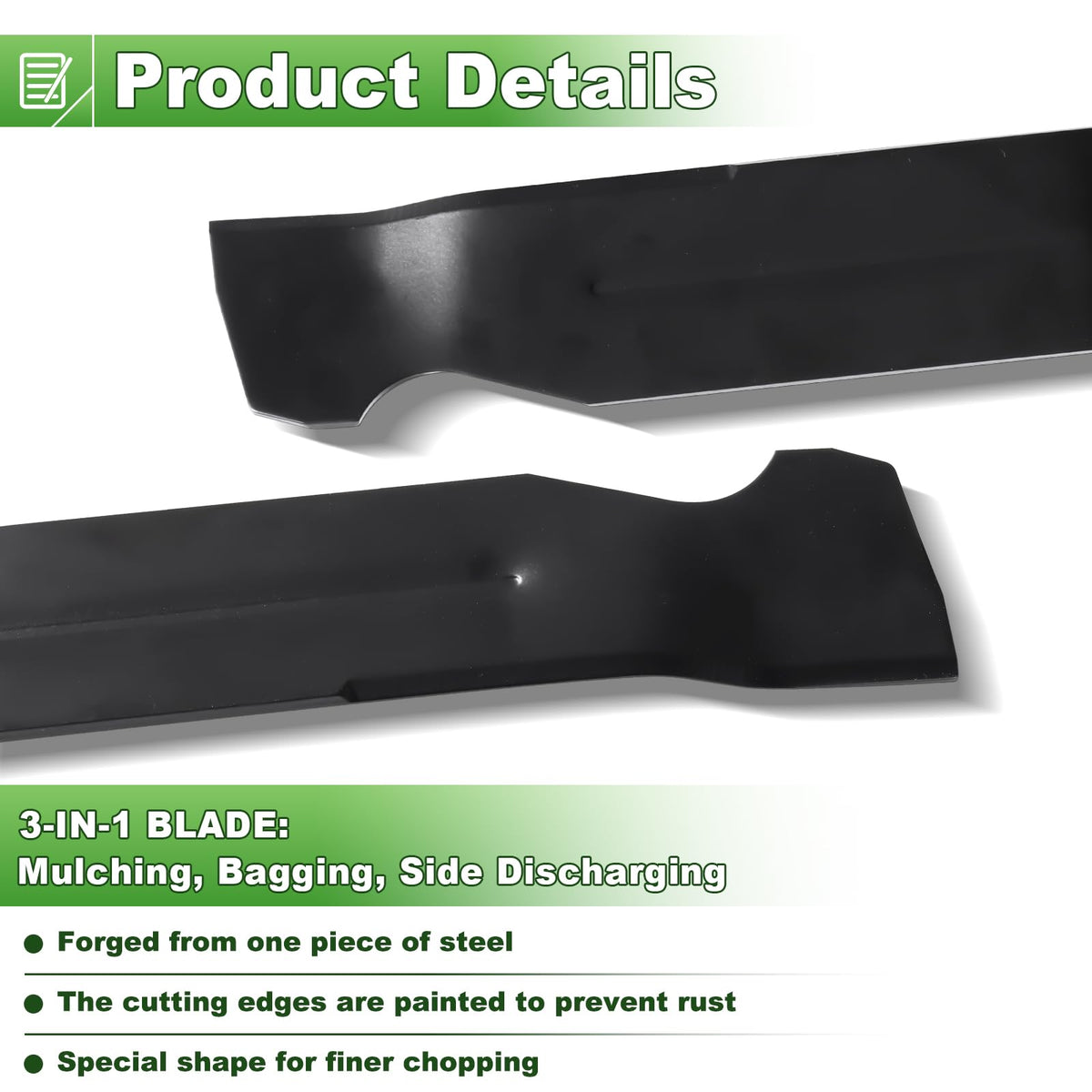 Podoy mulching blade shows S-shape center hole for secure fit