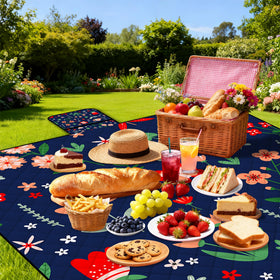 Poedist extra-large blanket spread on grass for a family gathering.