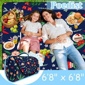 Poedist picnic blanket in use on a lawn at a park for a family outing.